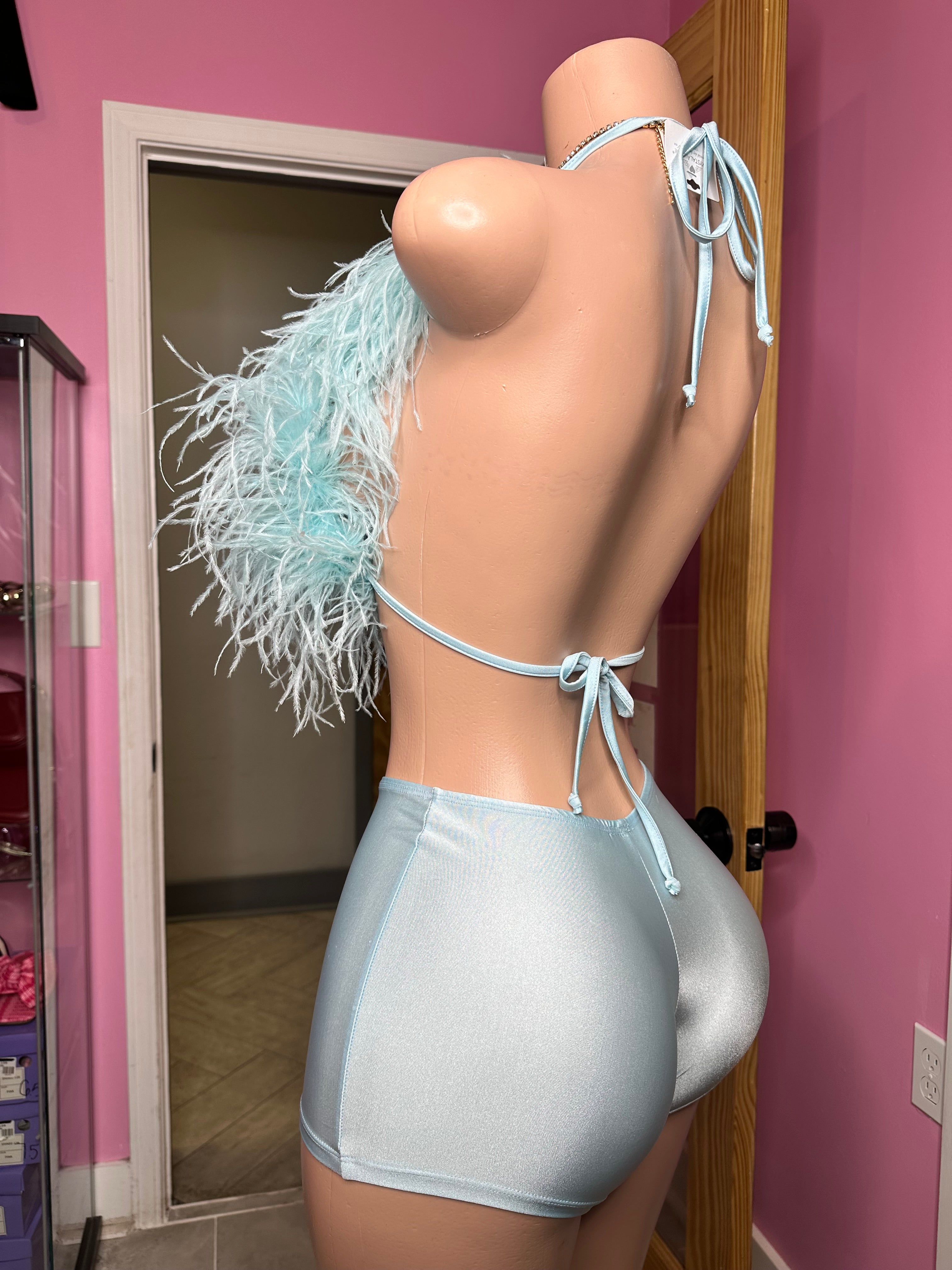 “Pre-Order 10-15 business days custom” So MF Sexy Ostrich Fur Halter Neck & Short Set- Icy Blue