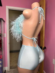 “Pre-Order 10-15 business days custom” So MF Sexy Ostrich Fur Halter Neck & Short Set- Icy Blue