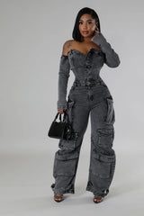 Chic Off-Shoulder Denim Jumpsuit- Black Denim
