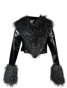 Fierce & Funky Mongolian Fur Cropped Patent Leather Jacket- Black