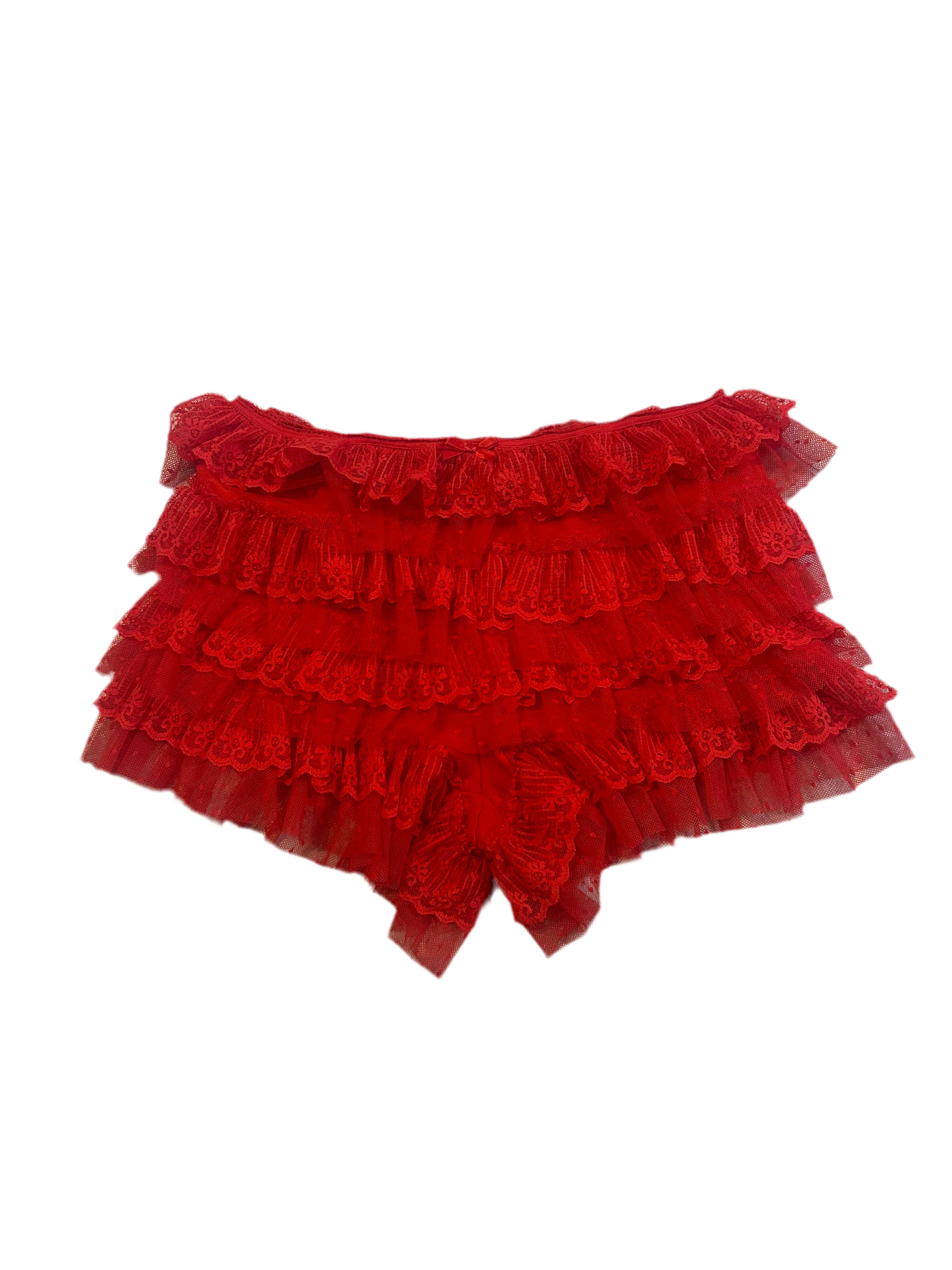 Ruffle Lace Layered Mesh Shorts- Red