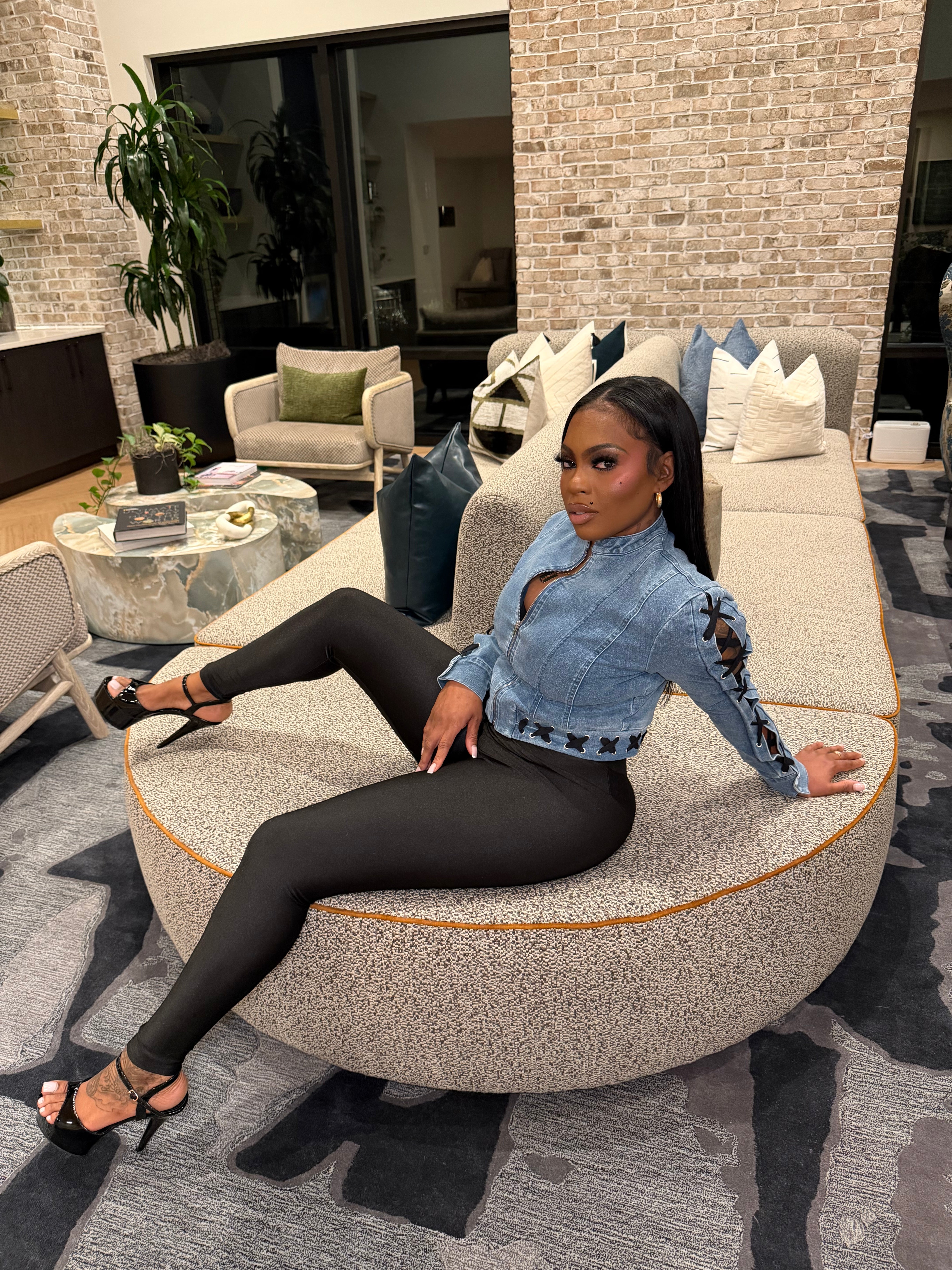 Laced Up Luxe Cropped Jacket- Denim Blue