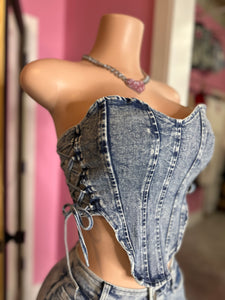 Stone Wash Denim Corset With Side Ties