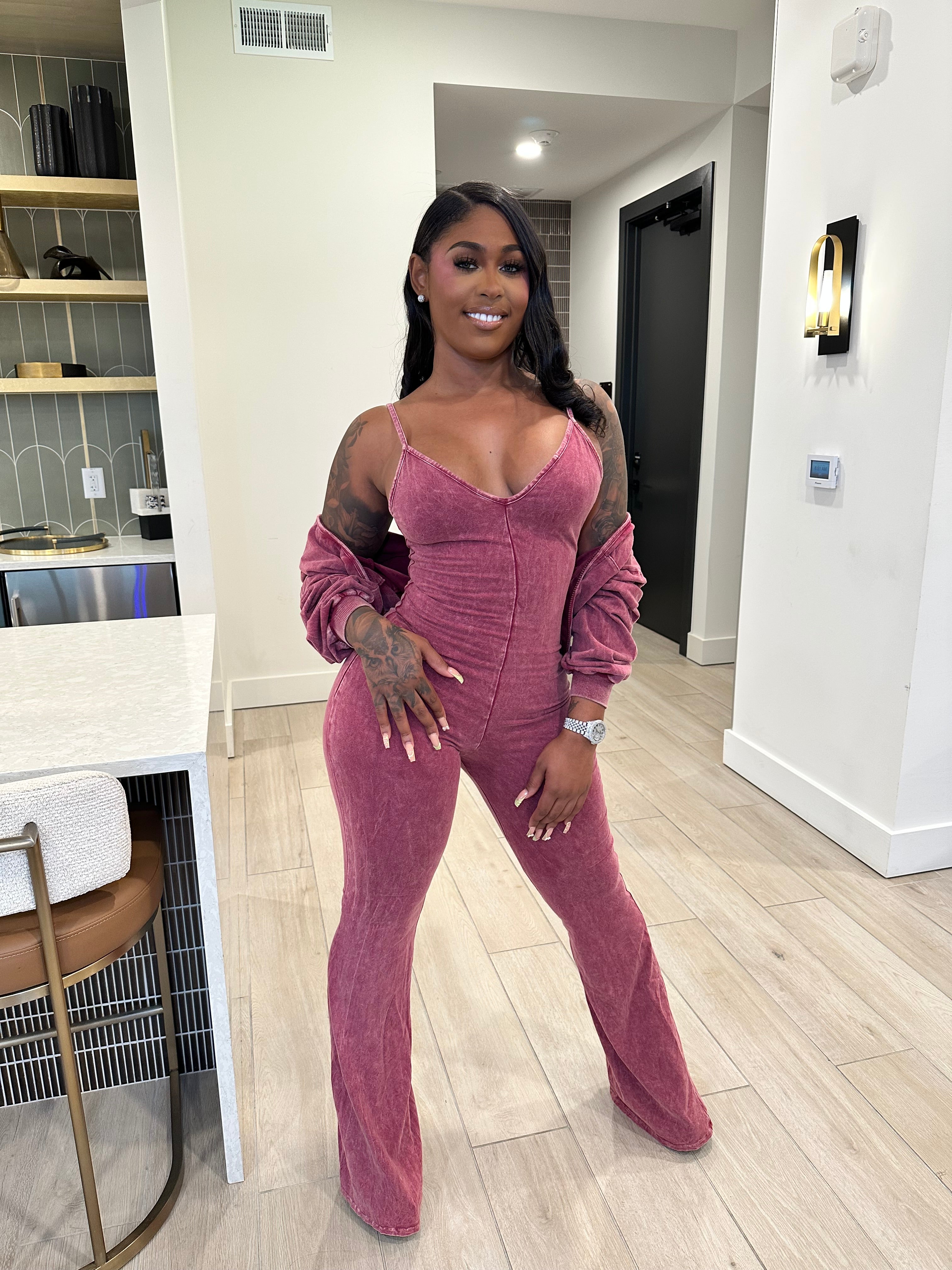 Washed Zip-Up Crop Jacket & Flare Jumpsuit Set- Sangria