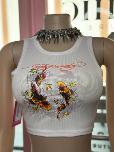 Hardy Fish Graphic Tank Crop Top- White