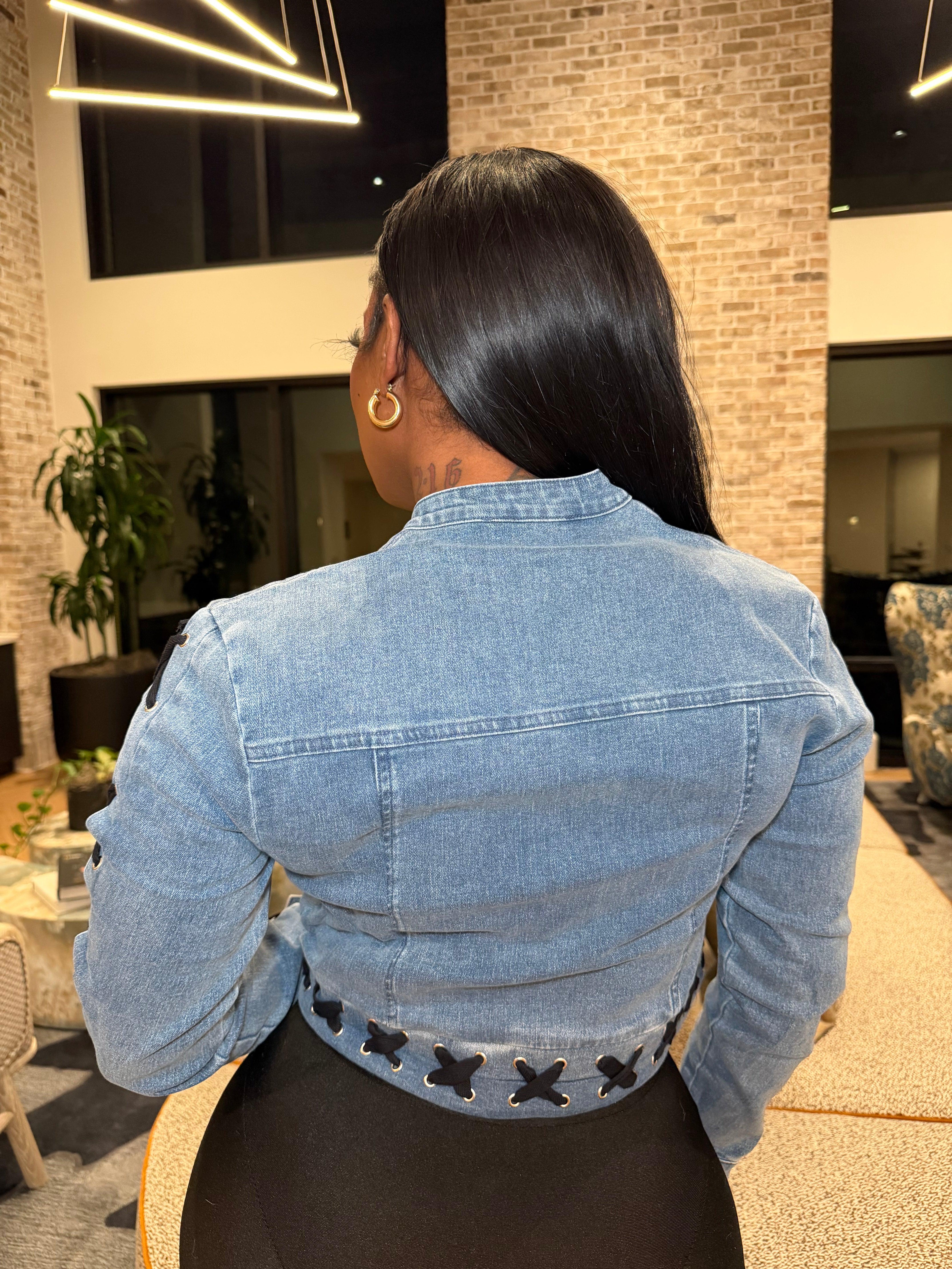 Laced Up Luxe Cropped Jacket- Denim Blue