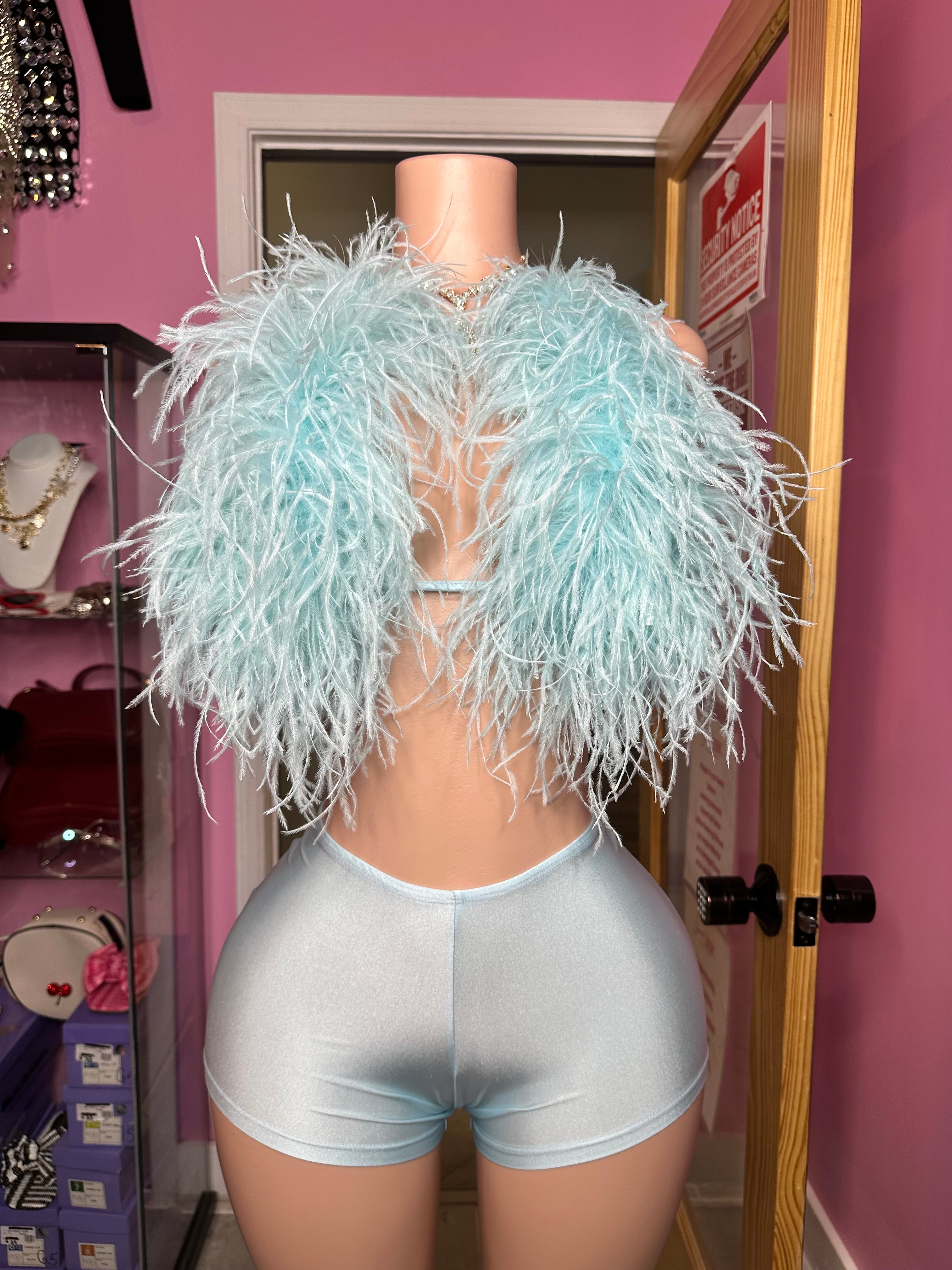 “Pre-Order 10-15 business days custom” So MF Sexy Ostrich Fur Halter Neck & Short Set- Icy Blue