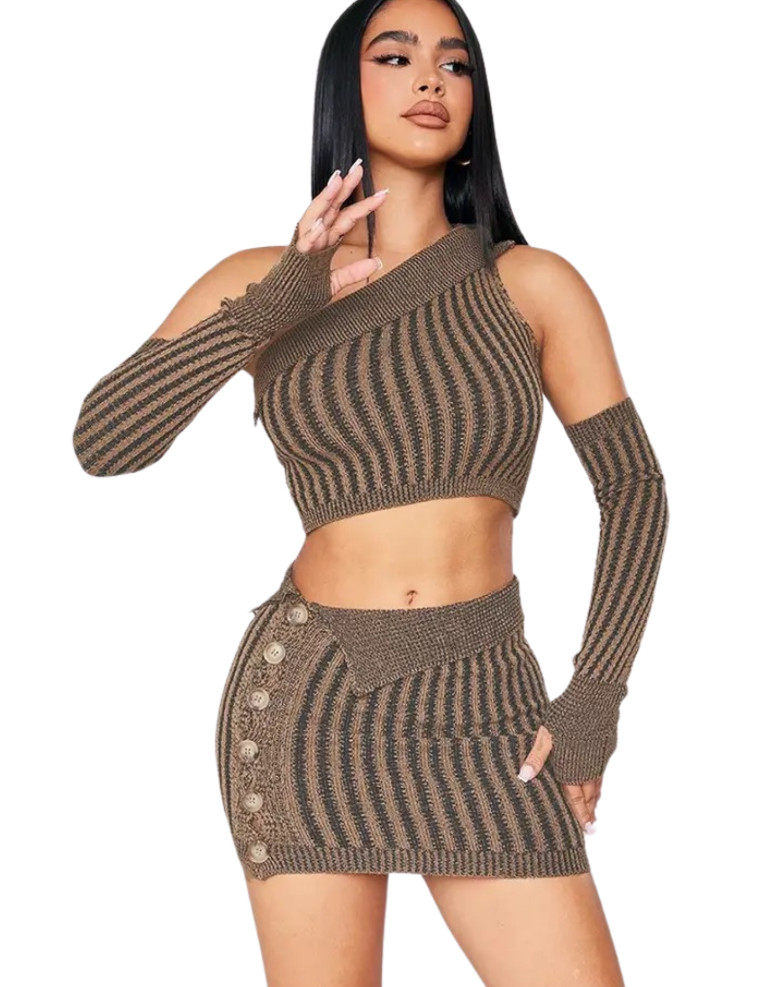 Keep It Casual Striped Knitted Skirt Set- Brown