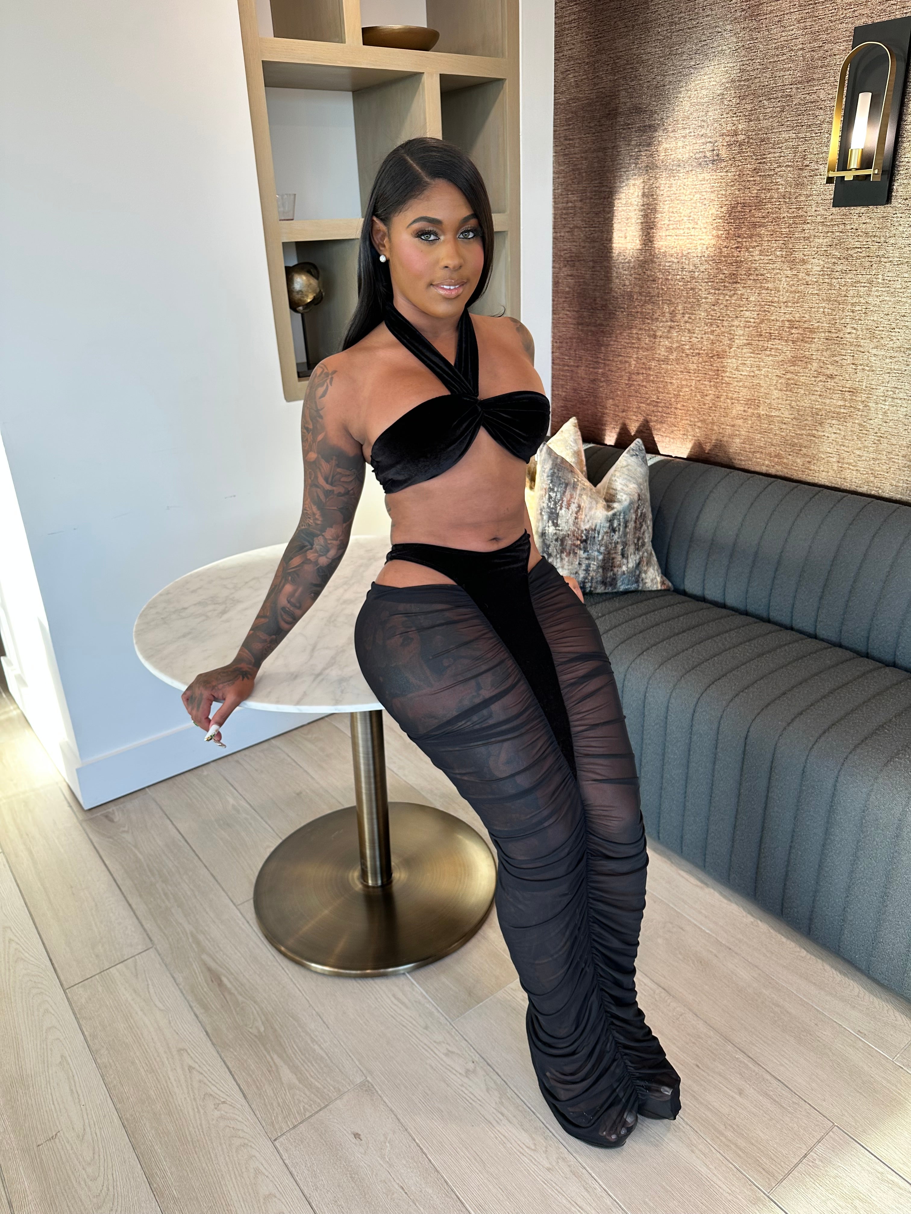 Velvet Temptation Ruched Skirt Set- Black