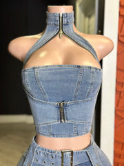 New Phase Halter Crop Top & Skort Set- Denim