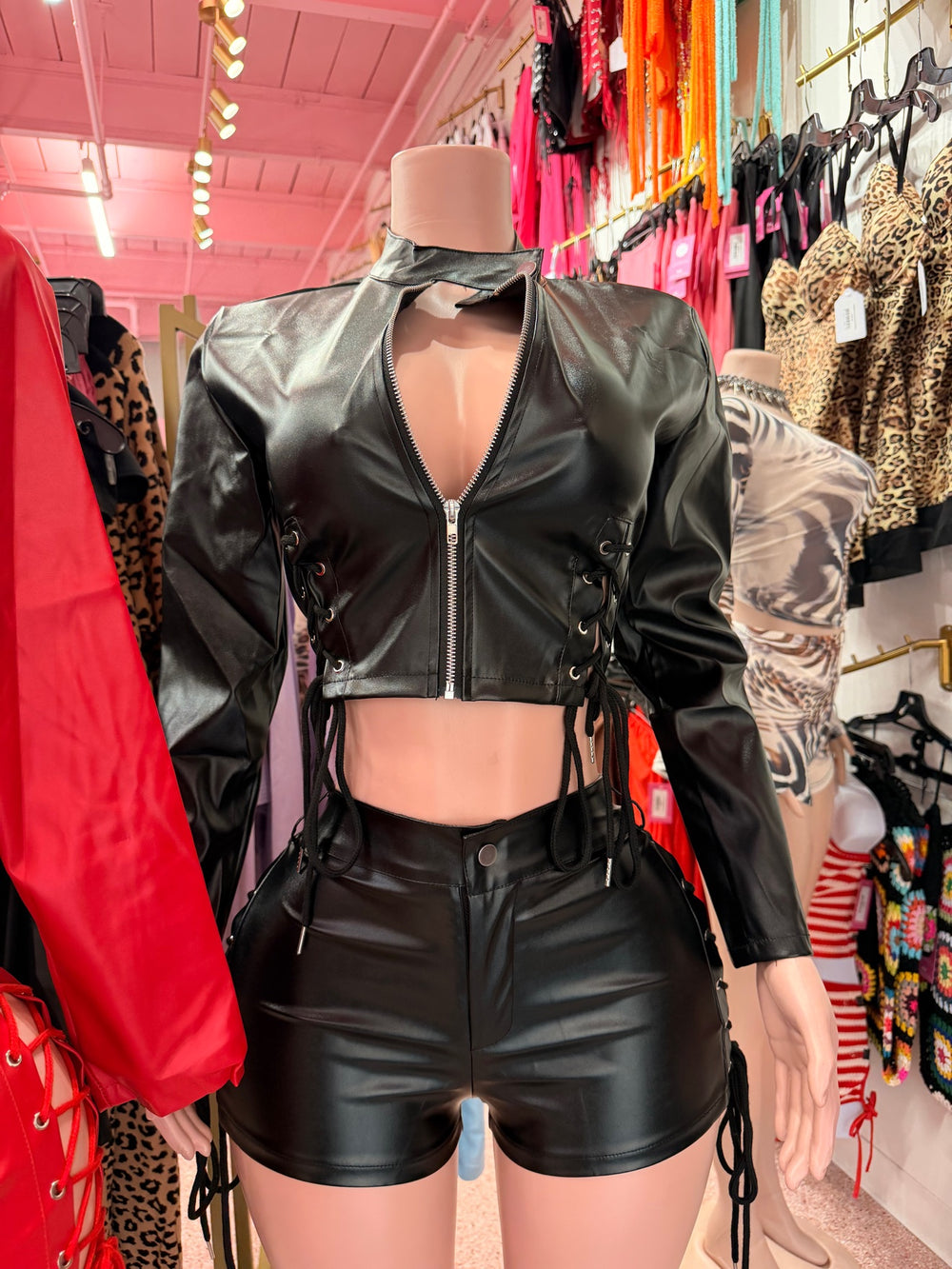Unapologetically Bad PU Leather Short Set - Black front