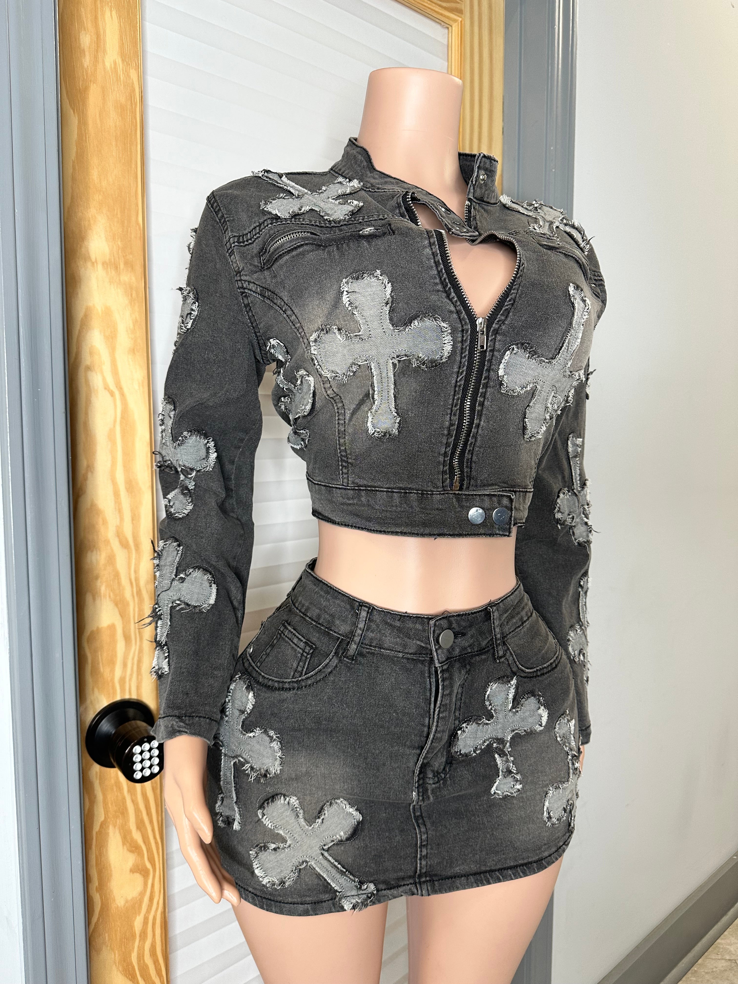 Crossed My Mind Denim Mini Skirt Set- Black