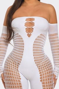 Lustrous Lace Off-Shoulder Bodysuit- White