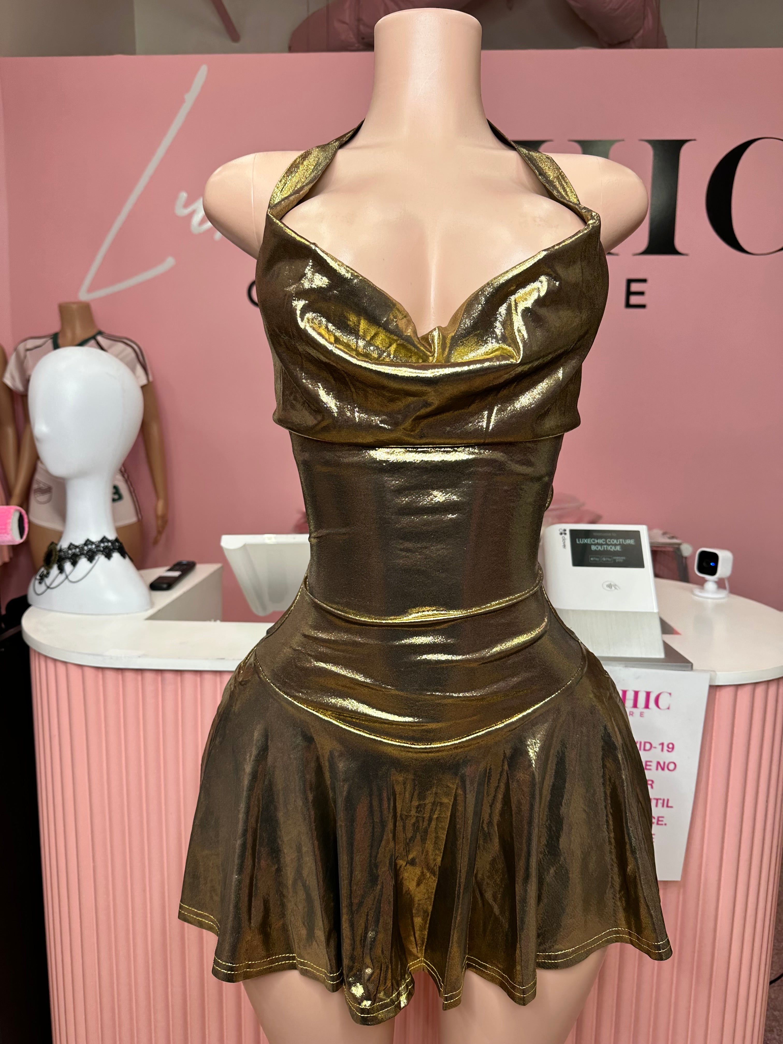 Wish You Would Metallic Halter Dress- Gold