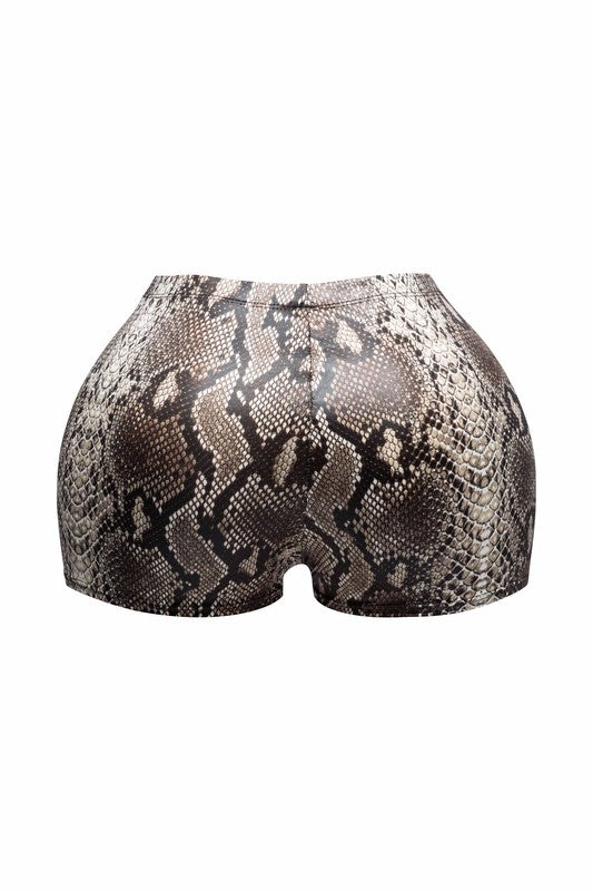 High-Waisted Foiled Snake Print Shorts-Brown