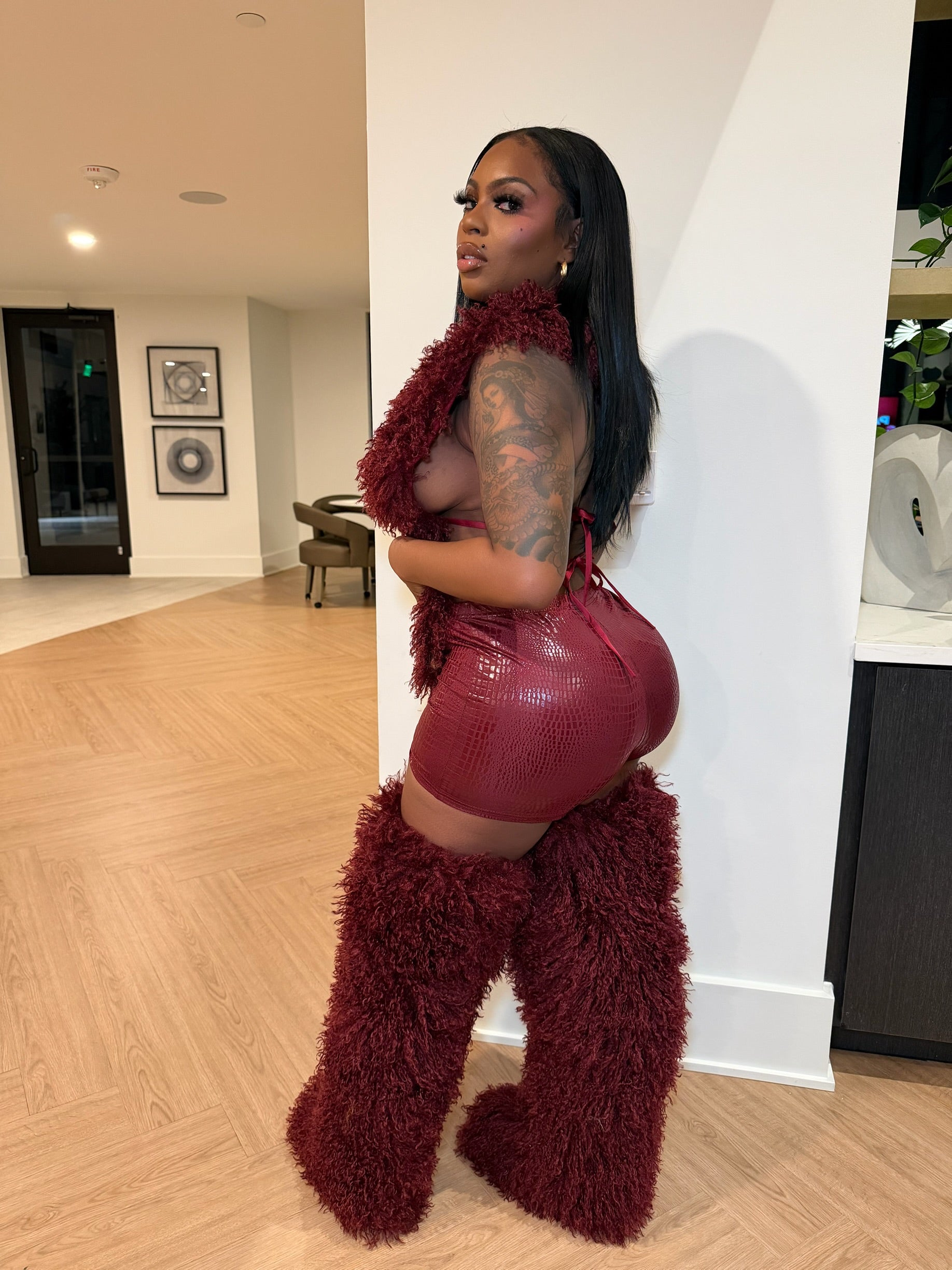 Shaggy Mongolian Fur Thigh High Boots- Wine