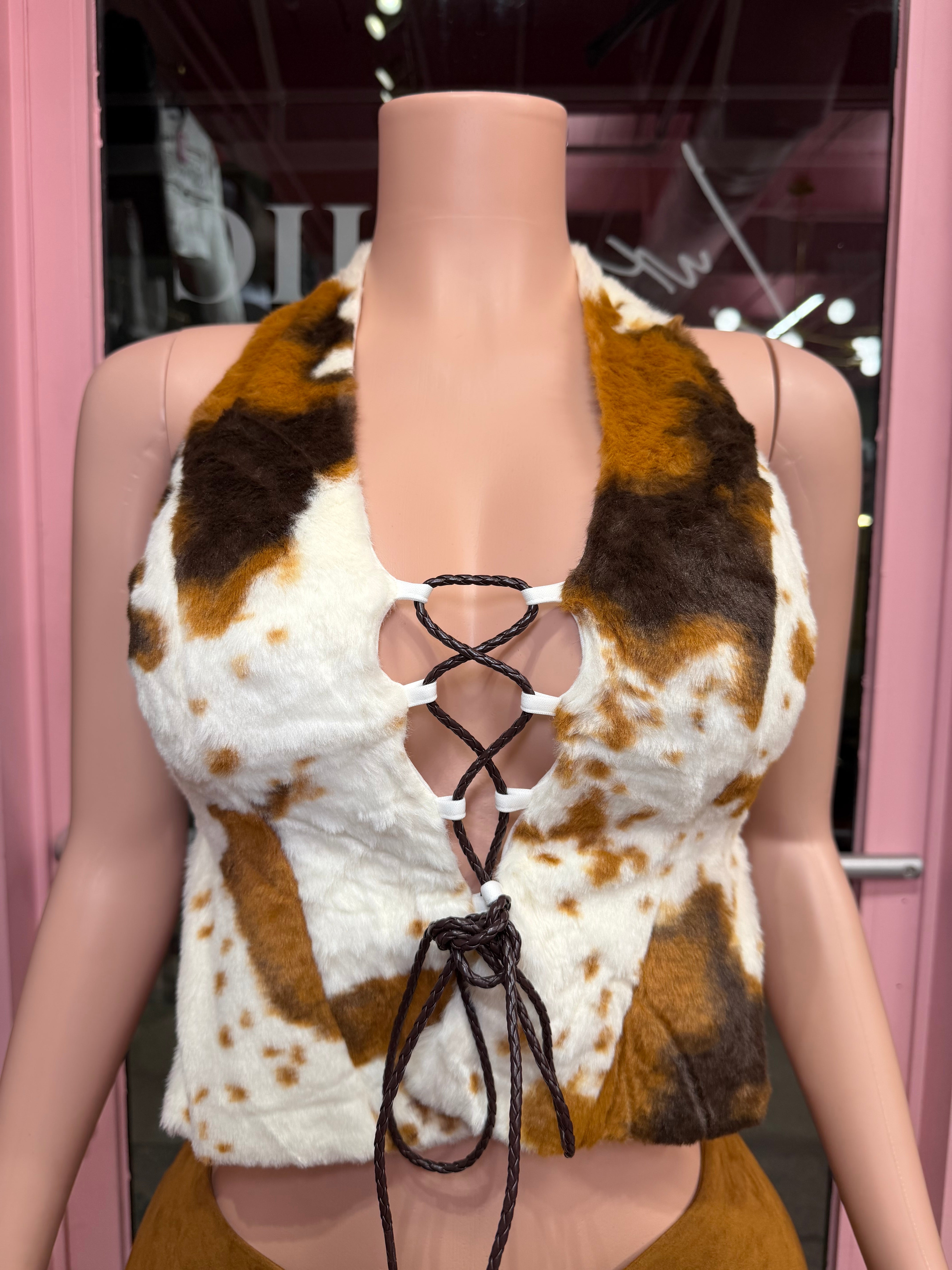Mooedy Halter Faux Fur Cow Corset Top