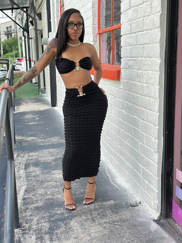 Popcorn Gold Trim Bandeau Top & Skirt Set- Black