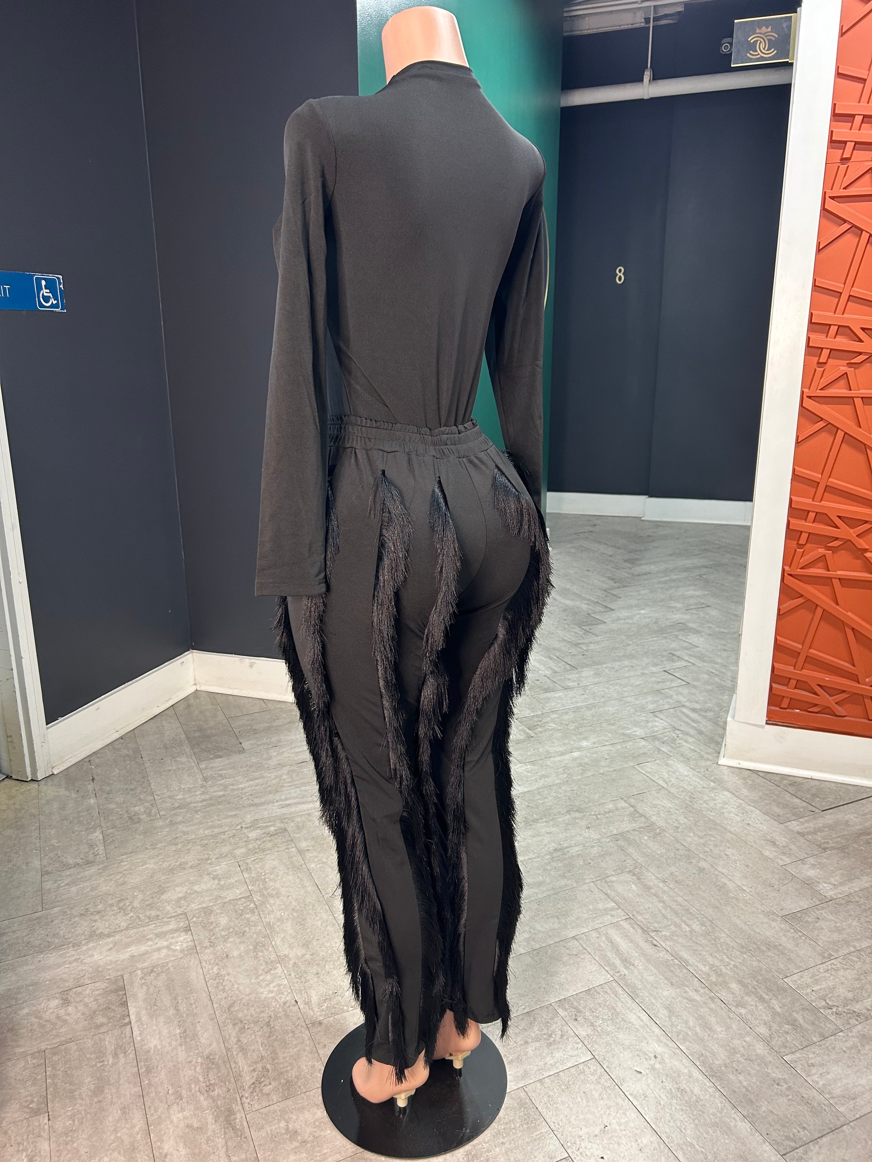 Fran Fringe Pants & Bodysuit Set- Black