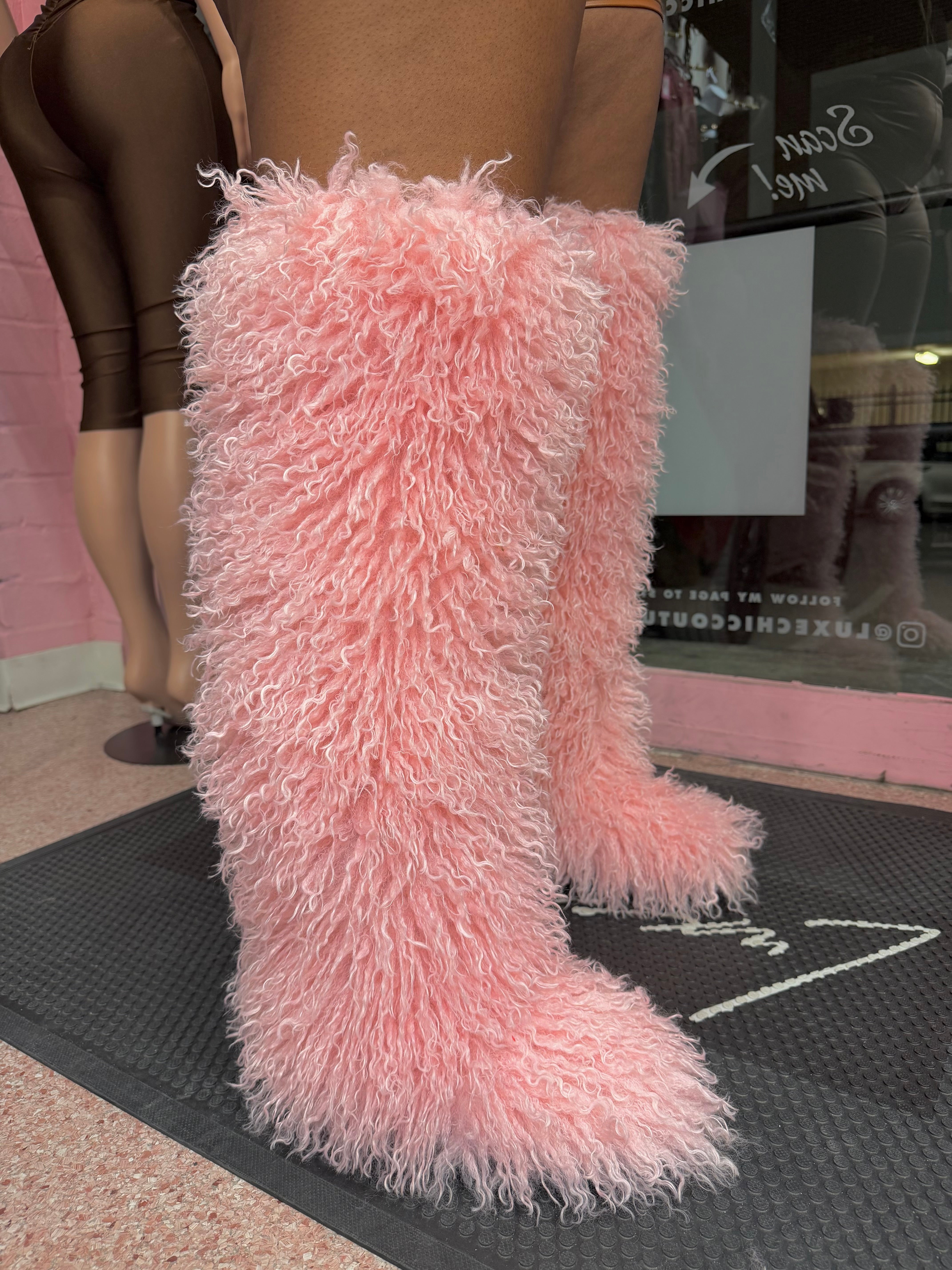Shaggy Mongolian Fur Thigh High Boots- Pink