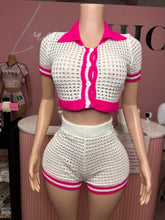 Shes Amazing Crochet 2 Piece Short Set- White/Hot Pink
