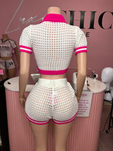 Shes Amazing Crochet 2 Piece Short Set- White/Hot Pink