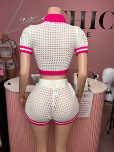 Shes Amazing Crochet 2 Piece Short Set- White/Hot Pink