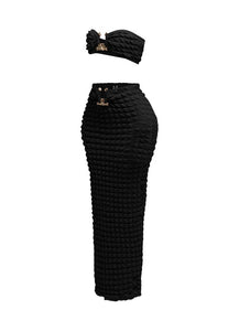 Popcorn Gold Trim Bandeau Top & Skirt Set- Black