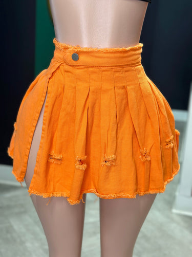 Ripped Denim Mini Pleated Skirt- Orange