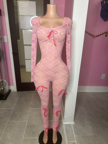 Ribbon Lace Jumpsuit- Pink