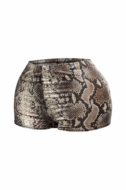 High-Waisted Foiled Snake Print Shorts-Brown