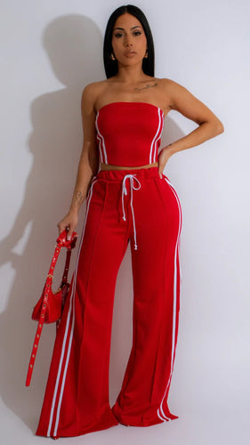 Missed Flights Tube Top & Side Stripe Pant Set- Red