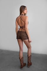 Lia Distressed Leather Studded Halter Top- Brown
