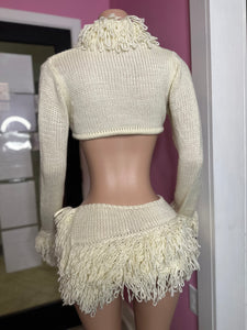 Chic Fringed Cream Knit Set with Cover-Up and Mini Skirt