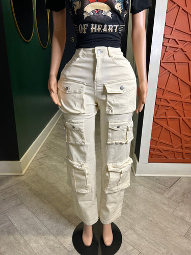 Fall Into Place Cargo Jeans- Cream