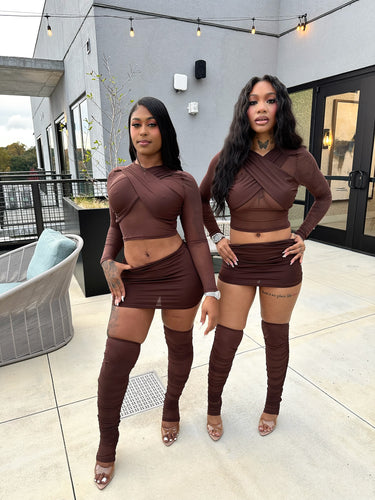 After Dark Mesh 3 Piece Mini Skirt Set- Brown