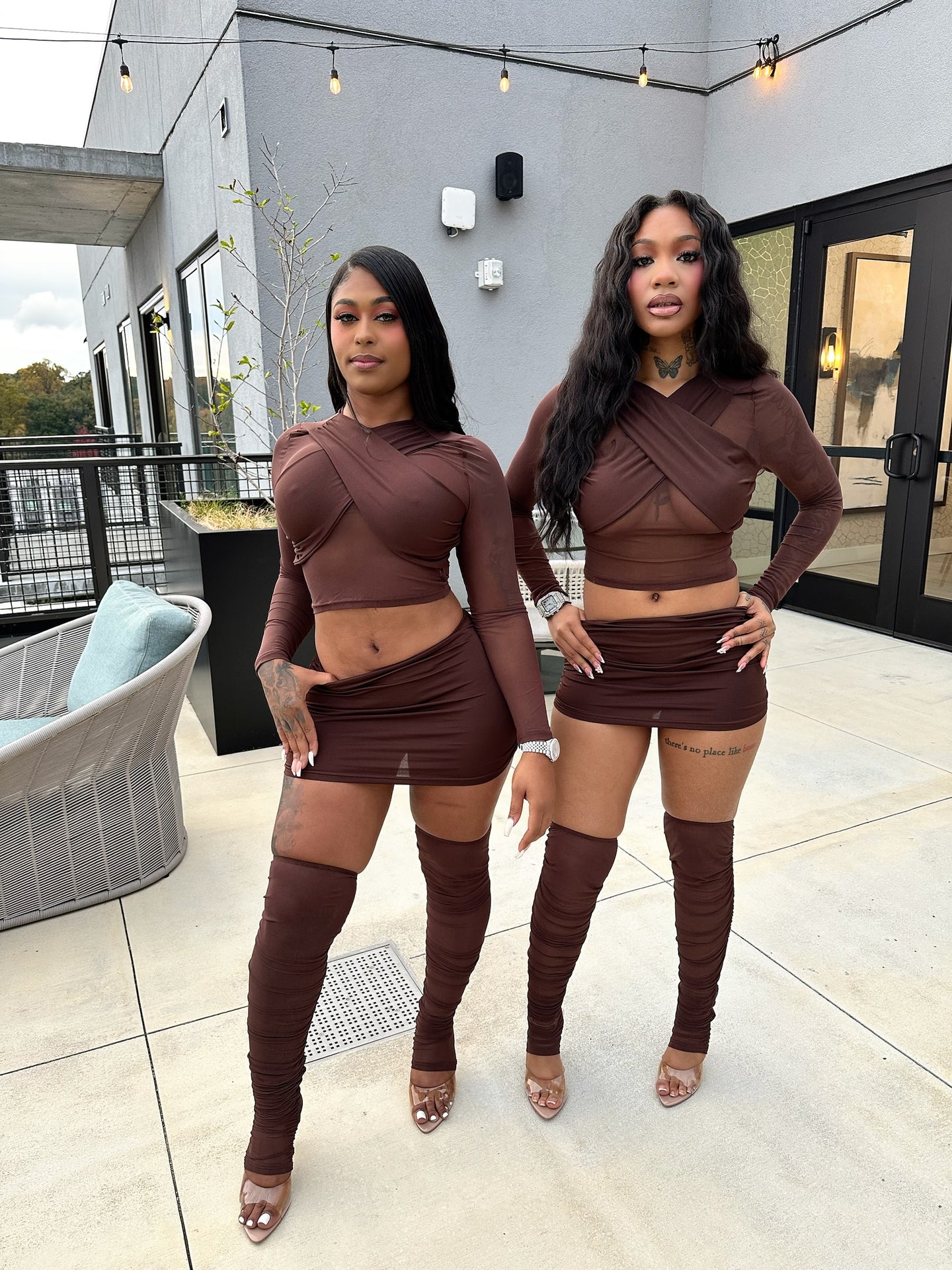 After Dark Mesh 3 Piece Mini Skirt Set- Brown