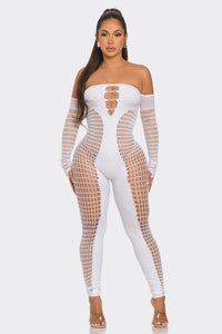 Lustrous Lace Off-Shoulder Bodysuit- White