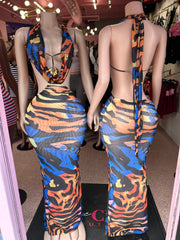 Private Fantasy Mesh Halter Dress- Blue Multi