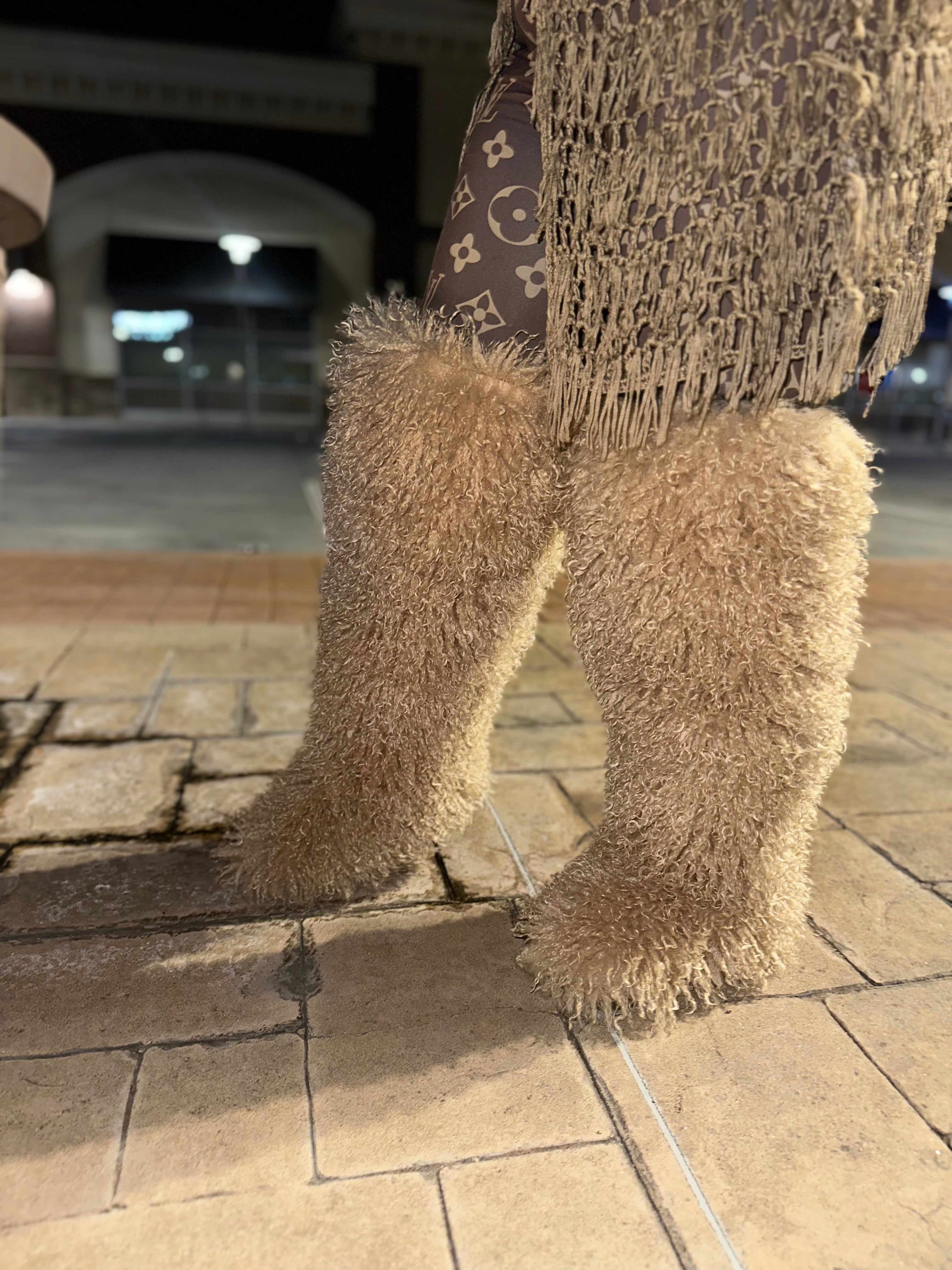 *Pre-Order 10-15 business days then ship* Shaggy Mongolian Fur Thigh High Boots- Tan