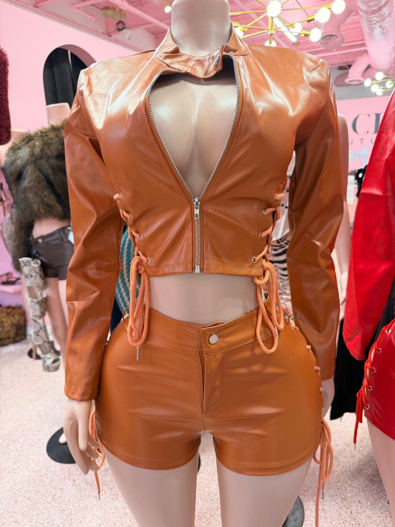 Unapologetically Bad PU Leather Short Set - Cognac front