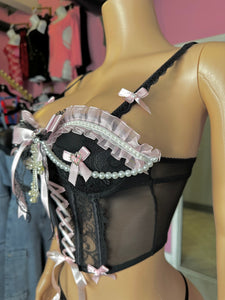 *Pre-Order* (10-15 days then ship) Pure Night Lace Corset Set- Black/Pink