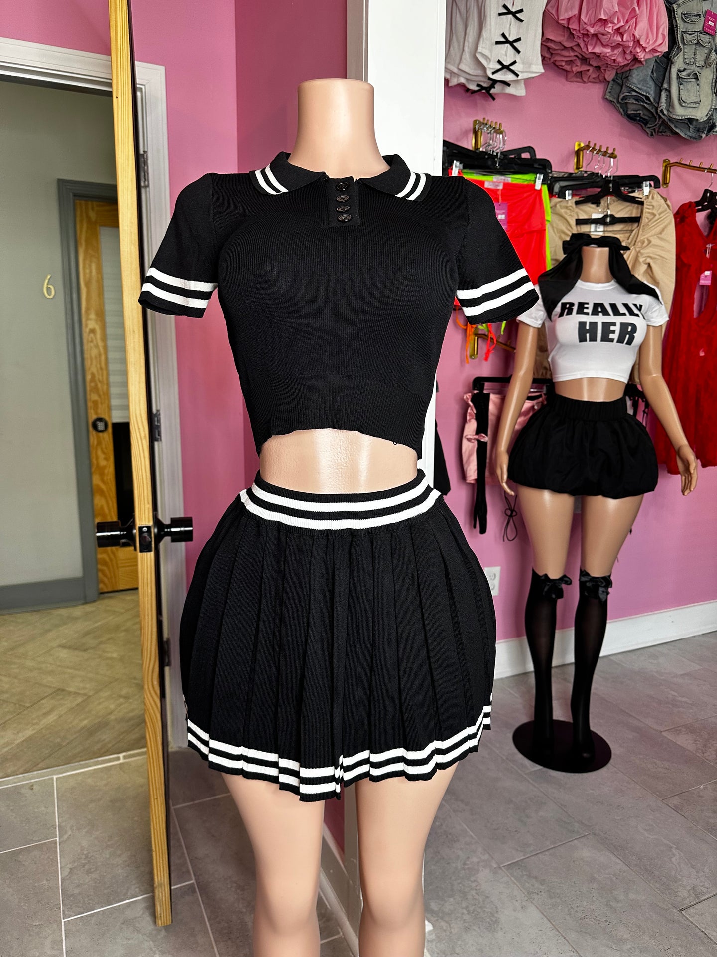 Pick A Spot Collar Crop Top & Skirt Set- Black