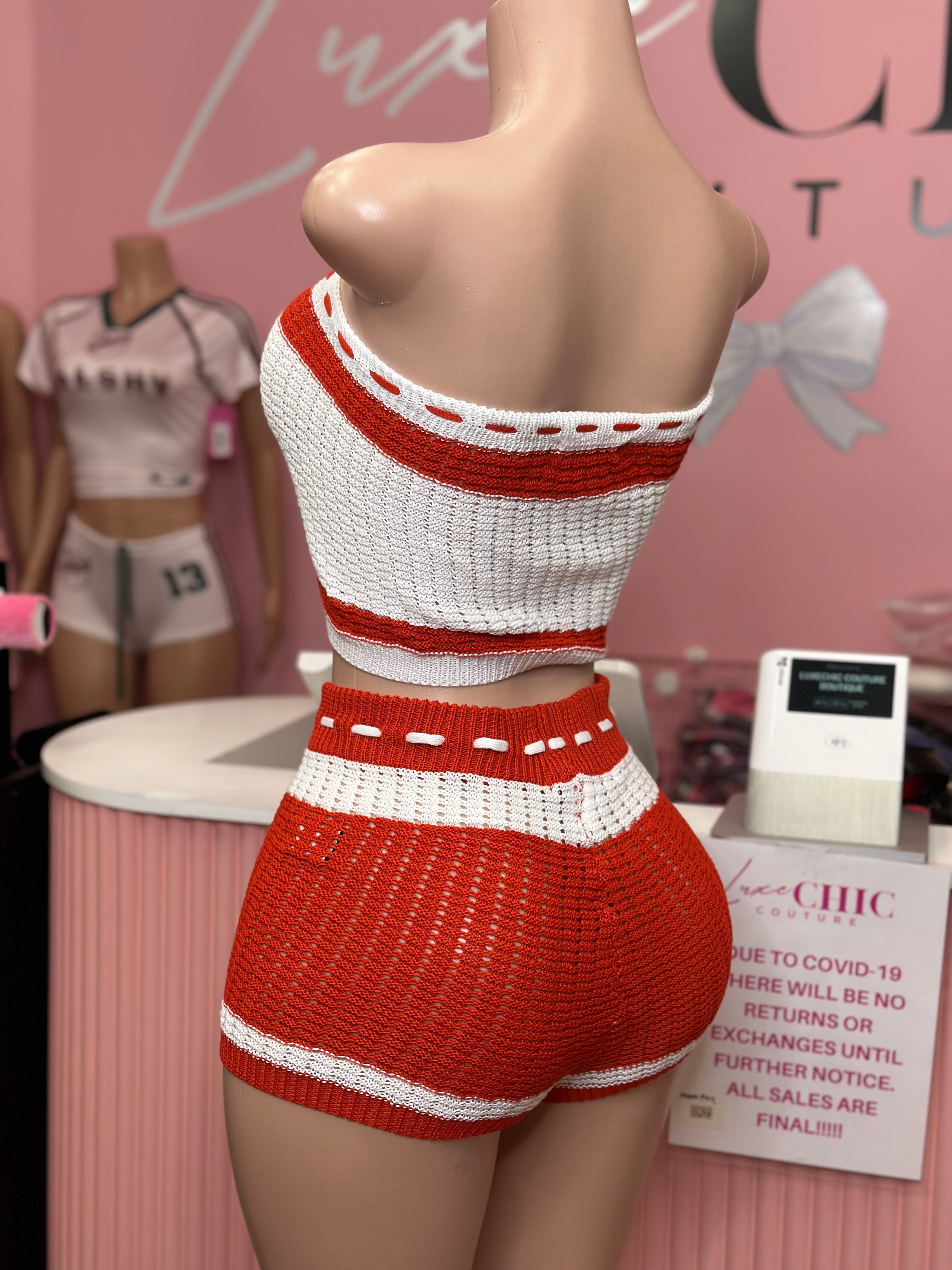 Summer Crushing Crochet 2 Piece Short Set- Fiery Red