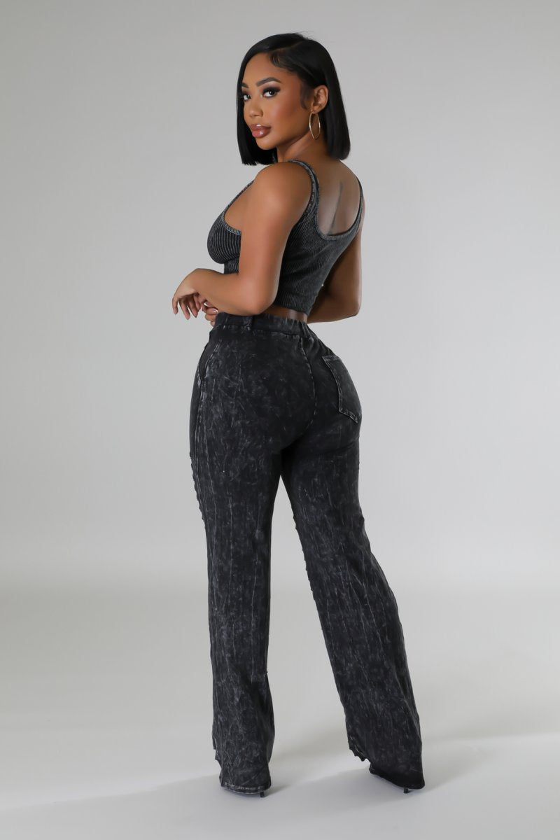 Mineral Wash Cut Out Pant Set- Black