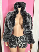 Chic Faux Fur Jacket with Hood – Grey Striped Design