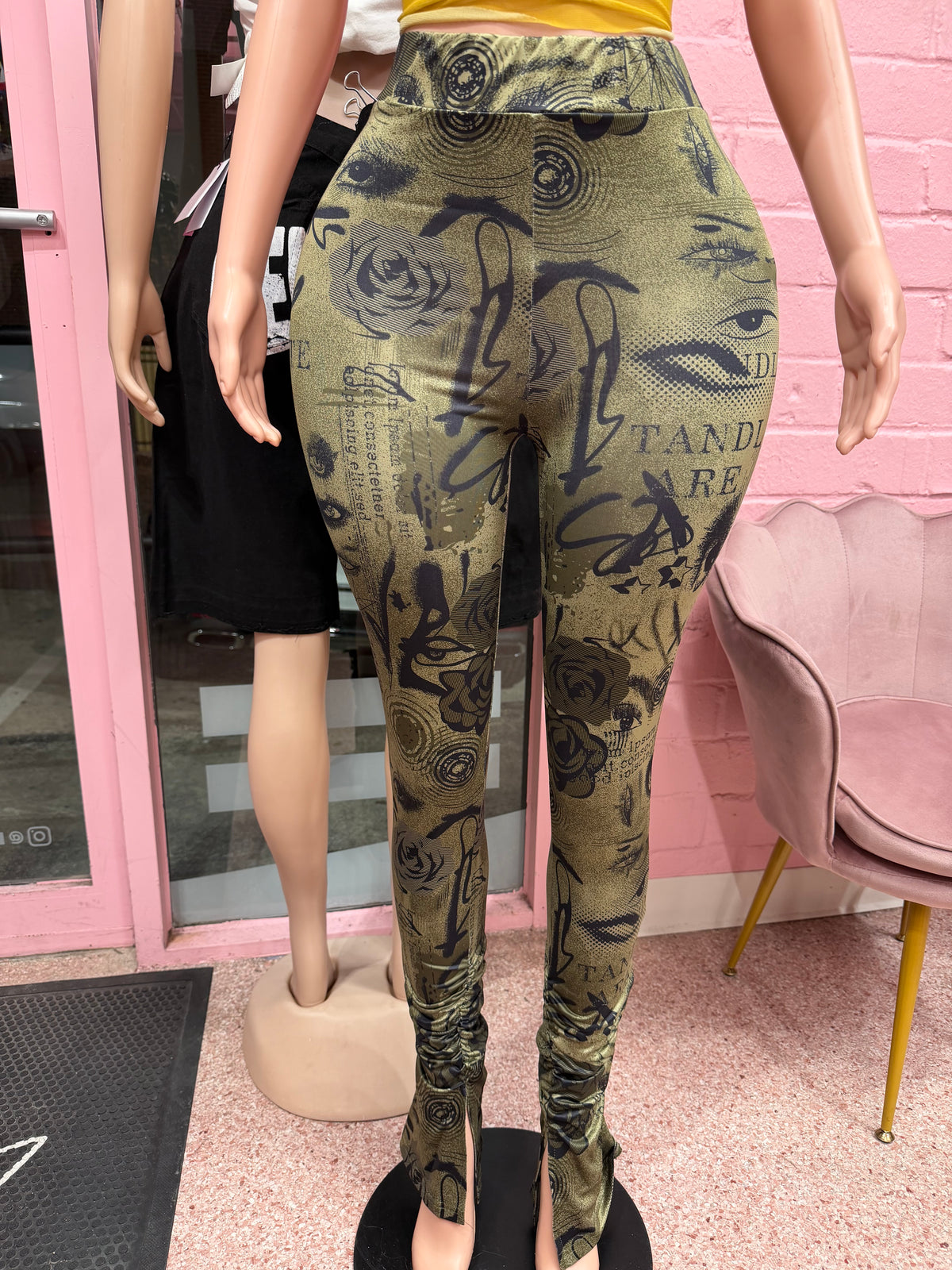 Graffiti Muse Split Hem Pants- Army Green