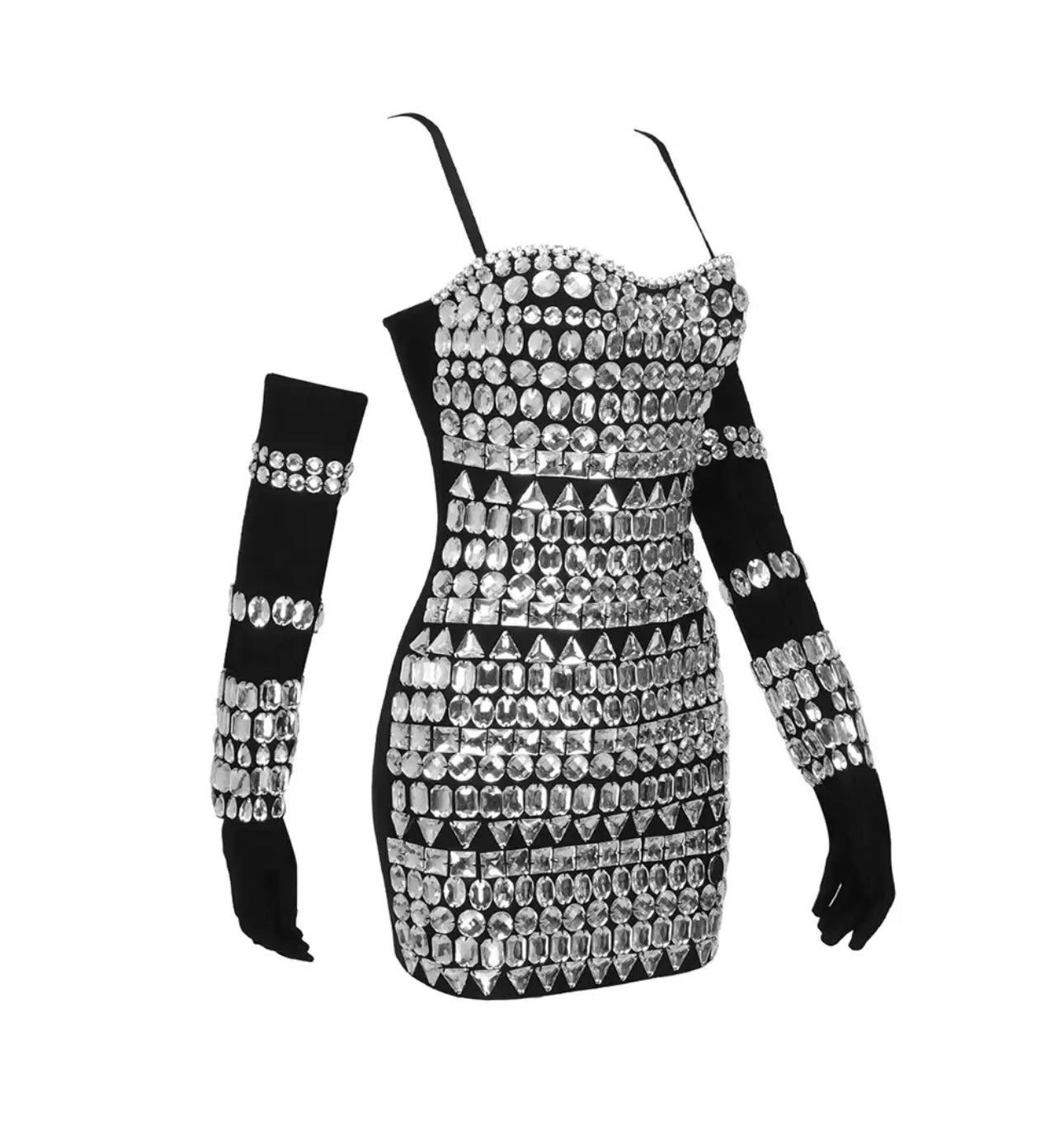 Diamond Bandage Mini Dress W/Matching Gloves- Black