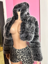 Chic Faux Fur Jacket with Hood – Grey Striped Design