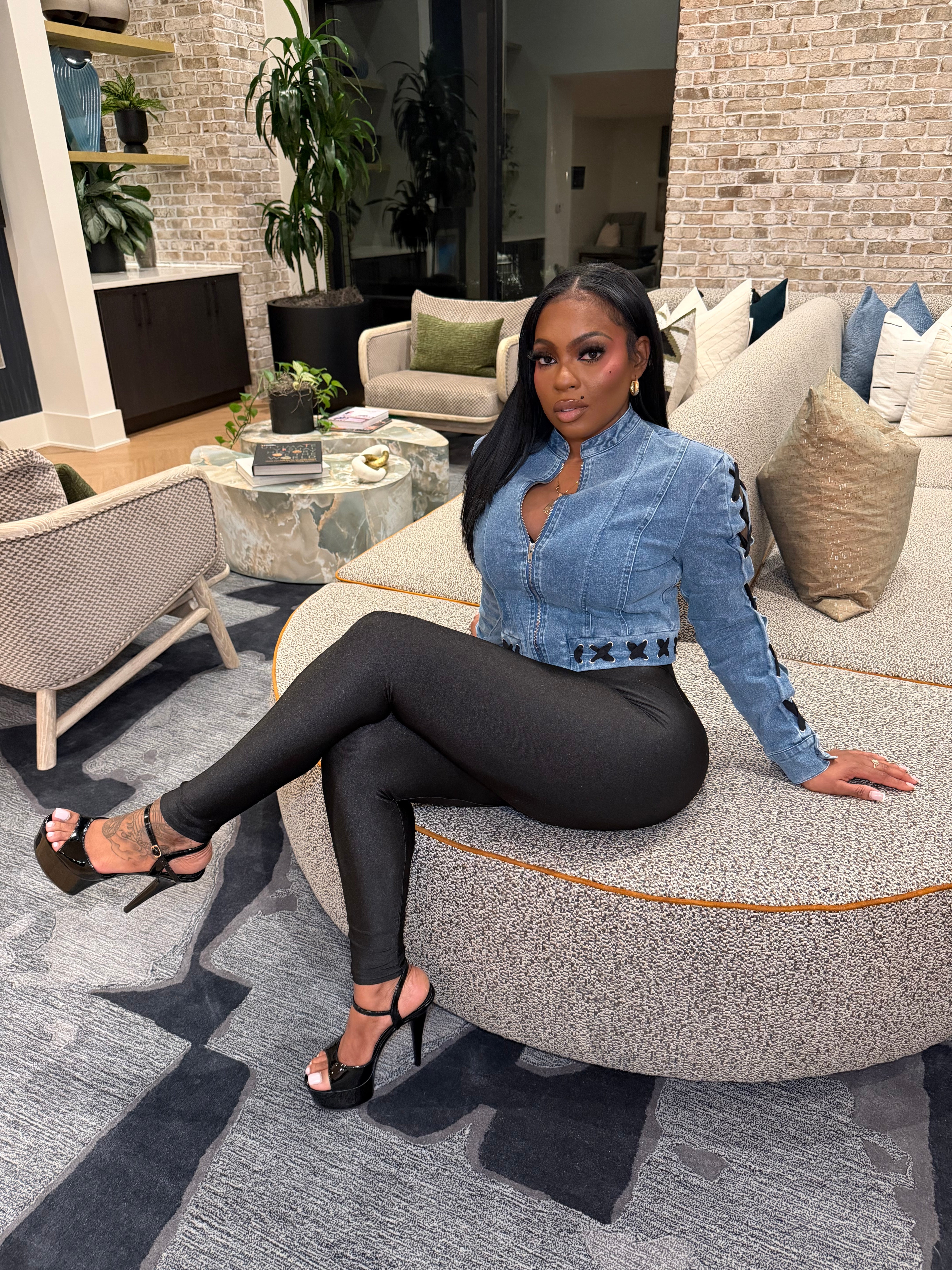 Laced Up Luxe Cropped Jacket- Denim Blue